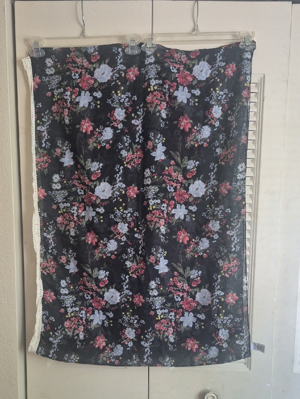 Black Floral Lightweight Scarf with Pink and White Blooms